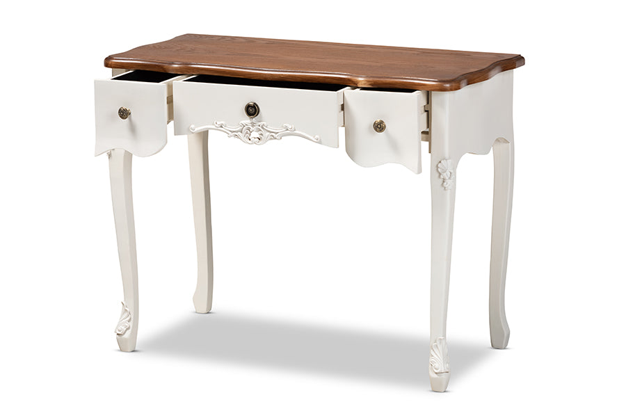 baxton studio sophie classic traditional french country white and brown finished small 3 drawer wood console table | Modish Furniture Store-3