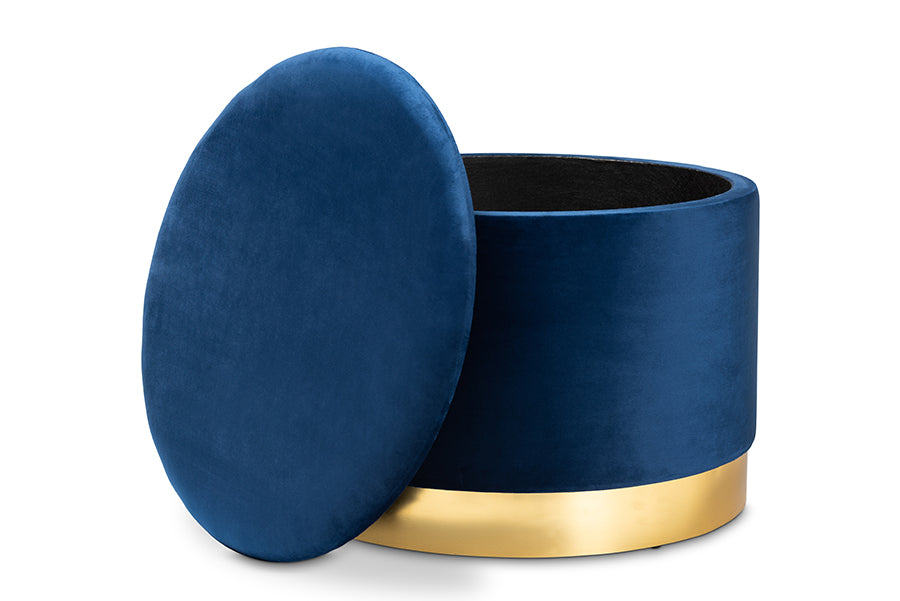 baxton studio marisa glam and luxe navy blue velvet fabric upholstered gold finished storage ottoman | Modish Furniture Store-3