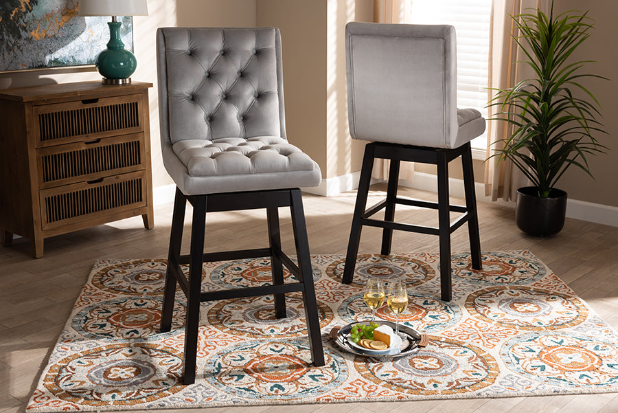 baxton studio gregory modern transitional light grey velvet fabric upholstered and dark brown finished wood 2 piece swivel bar stool set set | Modish Furniture Store-3