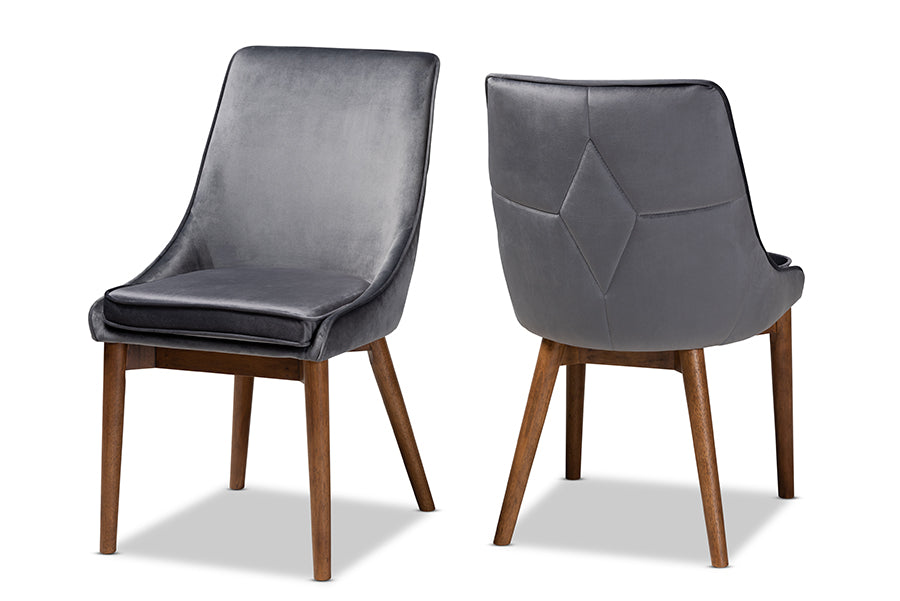 Baxton Studio Gilmore Modern and Contemporary Grey Velvet Fabric Upholstered and Walnut Brown Finished Wood 2-Piece Dining Chair Set Set | Modishstore | Dining Chairs - 2