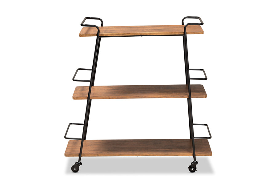 baxton studio bernard rustic industrial black metal and walnut finishe wood 3 tier mobile wine bar cart | Modish Furniture Store-3