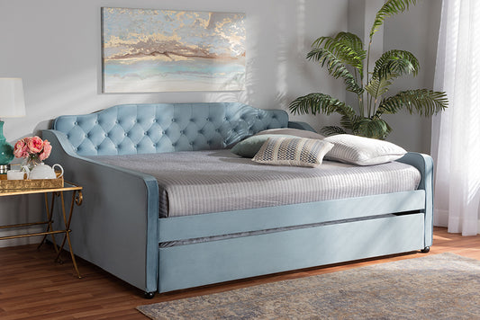 Baxton Studio Freda Transitional and Contemporary Light Blue Velvet Fabric Upholstered and Button Tufted Full Size Daybed with Trundle | Modishstore | Beds