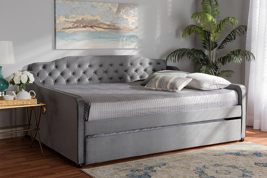 Baxton Studio Freda Transitional and Contemporary Grey Velvet Fabric Upholstered and Button Tufted Queen Size Daybed with Trundle | Modishstore | Beds