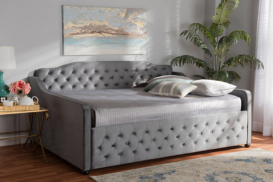 Baxton Studio Freda Transitional and Contemporary Grey Velvet Fabric Upholstered and Button Tufted Full Size Daybed | Modishstore | Beds