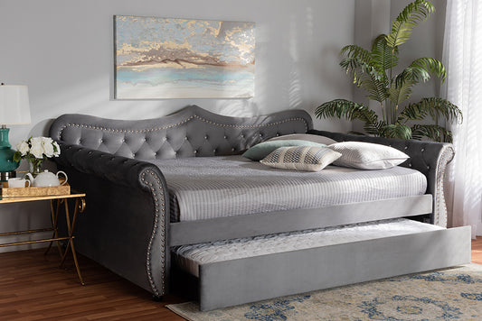Baxton Studio Abbie Traditional and Transitional Grey Velvet Fabric Upholstered and Crystal Tufted Full Size Daybed with Trundle | Modishstore | Beds
