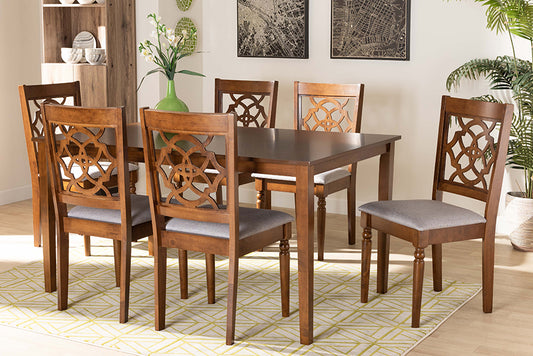 Baxton Studio Renaud Modern and Contemporary Grey Fabric Upholstered and Walnut Brown Finished Wood 7-Piece Dining Set | Modishstore | Dining Sets