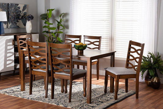 Baxton Studio Lanier Modern and Contemporary Grey Fabric Upholstered and Walnut Brown Finished Wood 7-Piece Dining Set | Dining Sets | Modishstore