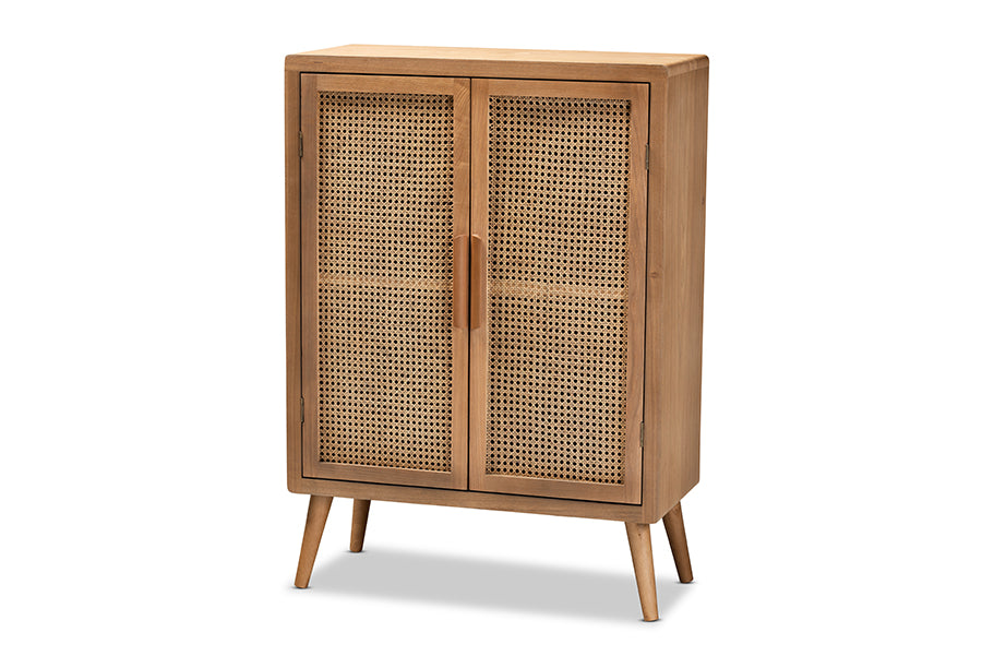 baxton studio alina mid century modern medium oak finished wood and rattan 2 door accent storage cabinet | Modish Furniture Store-2