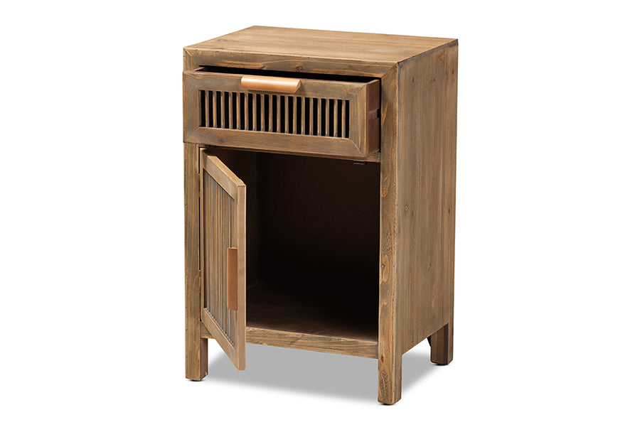 baxton studio clement rustic transitional medium oak finished 1 door and 1 drawer wood spindle nightstand | Modish Furniture Store-3