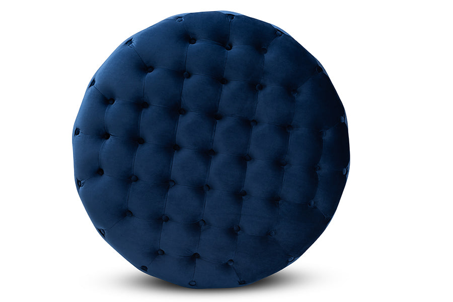baxton studio sasha glam and luxe royal blue velvet fabric upholstered gold finished round cocktail ottoman | Modish Furniture Store-3