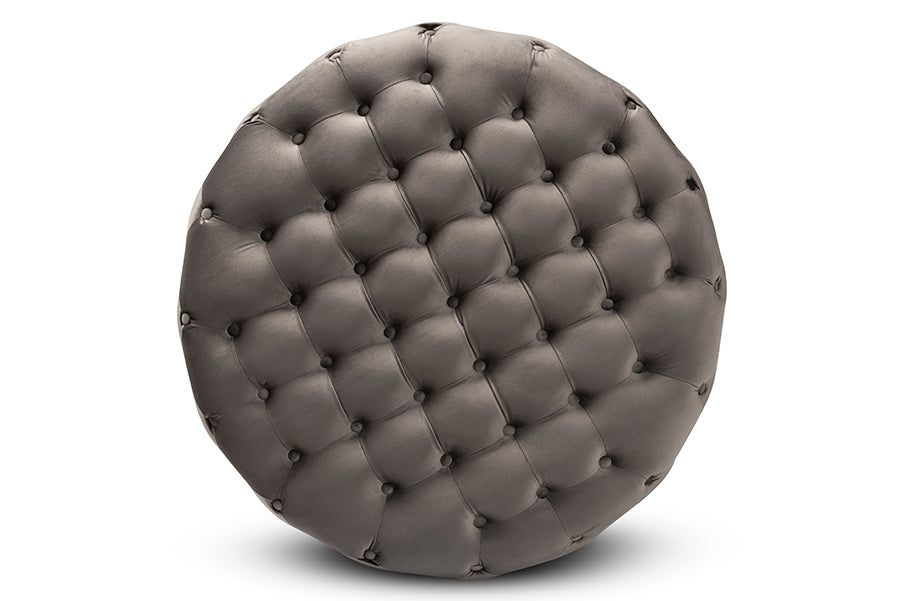 baxton studio sasha glam and luxe grey velvet fabric upholstered gold finished round cocktail ottoman | Modish Furniture Store-3