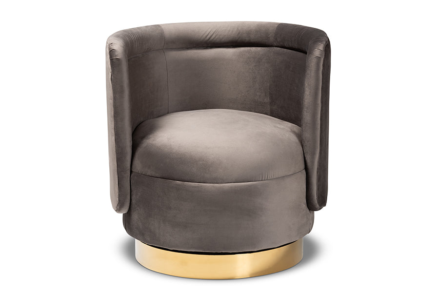 baxton studio saffi glam and luxe grey velvet fabric upholstered gold finished swivel accent chair | Modish Furniture Store-3