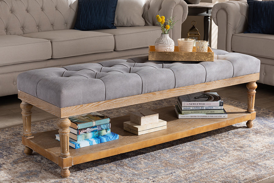 baxton studio linda modern and rustic grey linen fabric upholstered and greywashed wood storage bench | Modish Furniture Store-2