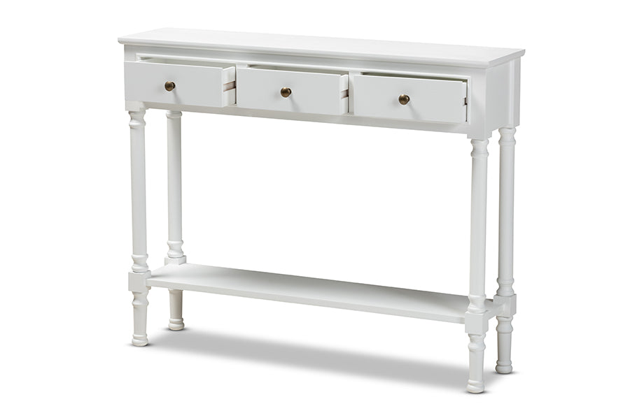 baxton studio calvin classic and traditional french farmhouse white finished wood 3 drawer entryway console table | Modish Furniture Store-3