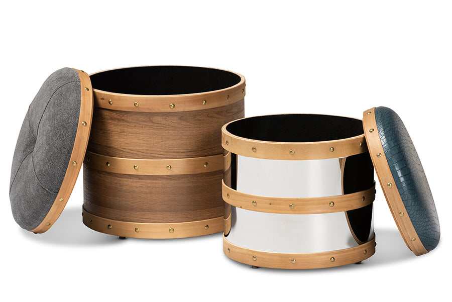 baxton studio caleb modern and contemporary glam grey fabric and blue alligator faux leather upholstered 2 piece wood and metal storage ottoman set | Modish Furniture Store-3