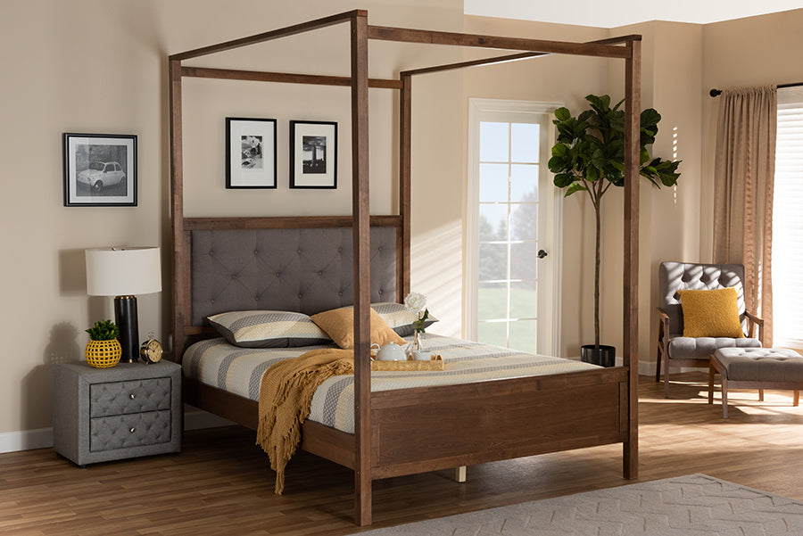 Baxton Studio Natasha Modern and Contemporary Grey Fabric Upholstered and Walnut Brown Finished Wood King Size Platform Canopy Bed | Modishstore | Beds