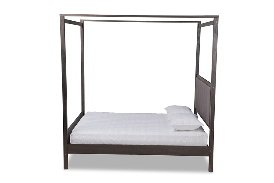 baxton studio natasha modern and contemporary grey fabric upholstered and dark grey oak finished wood king size platform canopy bed | Modish Furniture Store-3