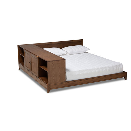 Baxton Studio Kaori Modern and Contemporary Transitional Walnut Brown Finished Wood Queen Size Platform Storage Bed | Beds | Modishstore