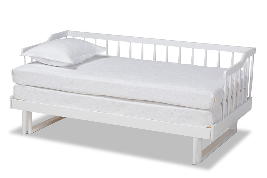 baxton studio muriel modern and transitional white finished wood expandable twin size to king size spindle daybed | Modish Furniture Store-3