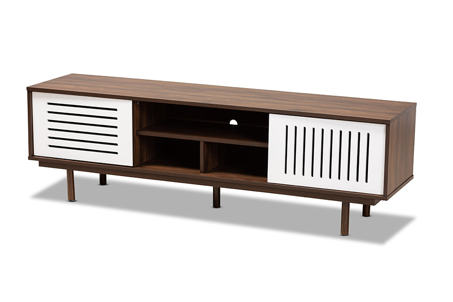 baxton studio meike mid century modern two tone walnut brown and white finished wood tv stand | Modish Furniture Store-2