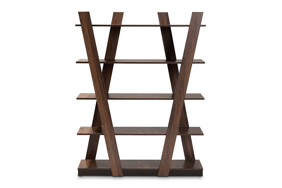 baxton studio michio modern and contemporary walnut brown finished 5 tier wood geometric living room display shelf | Modish Furniture Store-3