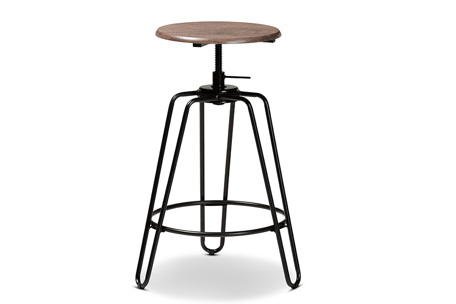 baxton studio veera vintage industrial rustic walnut finished wood and black metal 3 piece height adjustable bar pub set | Modish Furniture Store-3