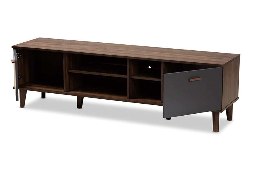 baxton studio moina mid century modern two tone walnut brown and grey finished wood tv stand | Modish Furniture Store-3
