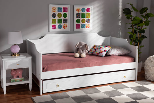 Baxton Studio Alya Classic Traditional Farmhouse White Finished Wood Twin Size Daybed with Roll-Out Trundle Bed | Modishstore | Beds