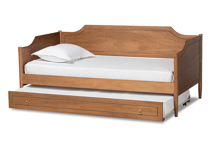 baxton studio alya classic traditional farmhouse walnut brown finished wood full size daybed with roll out trundle bed | Modish Furniture Store-3