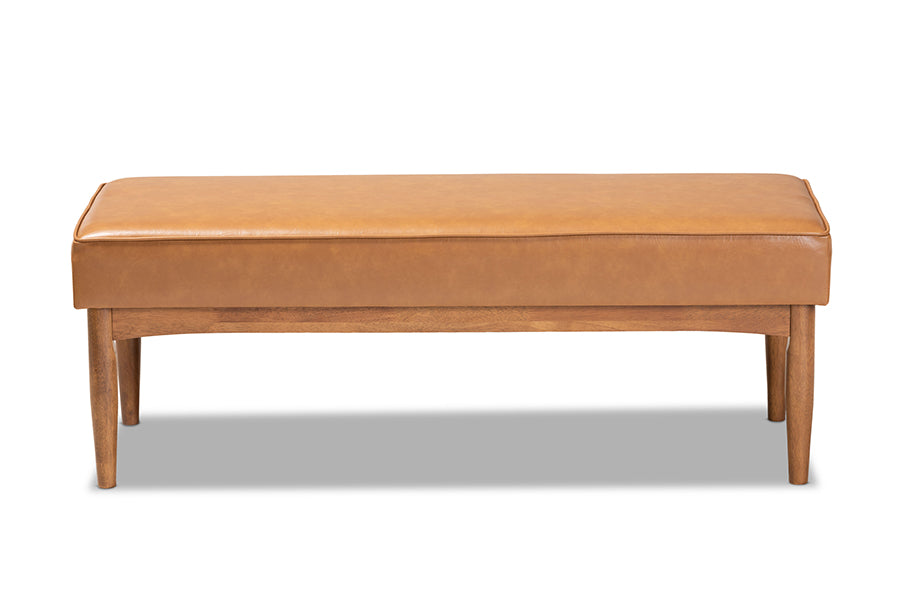baxton studio arvid mid century modern tan faux leather upholstered and walnut brown finished wood dining bench | Modish Furniture Store-3