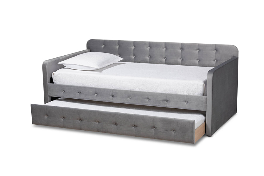baxton studio jona modern and contemporary transitional grey velvet fabric upholstered and button tufted twin size daybed with trundle | Modish Furniture Store-3