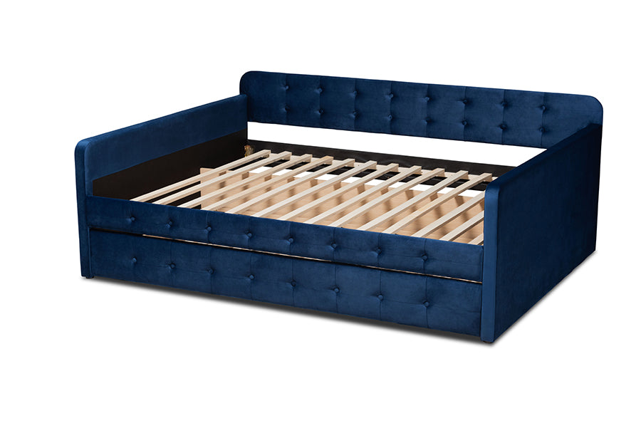 Baxton Studio Jona Modern and Contemporary Transitional Navy Blue Velvet Fabric Upholstered and Button Tufted Queen Size Daybed with Trundle | Daybeds | Modishstore - 8