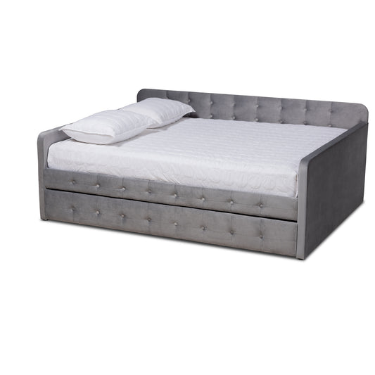 Baxton Studio Jona Modern and Contemporary Transitional Grey Velvet Fabric Upholstered and Button Tufted Full Size Daybed with Trundle | Daybeds | Modishstore