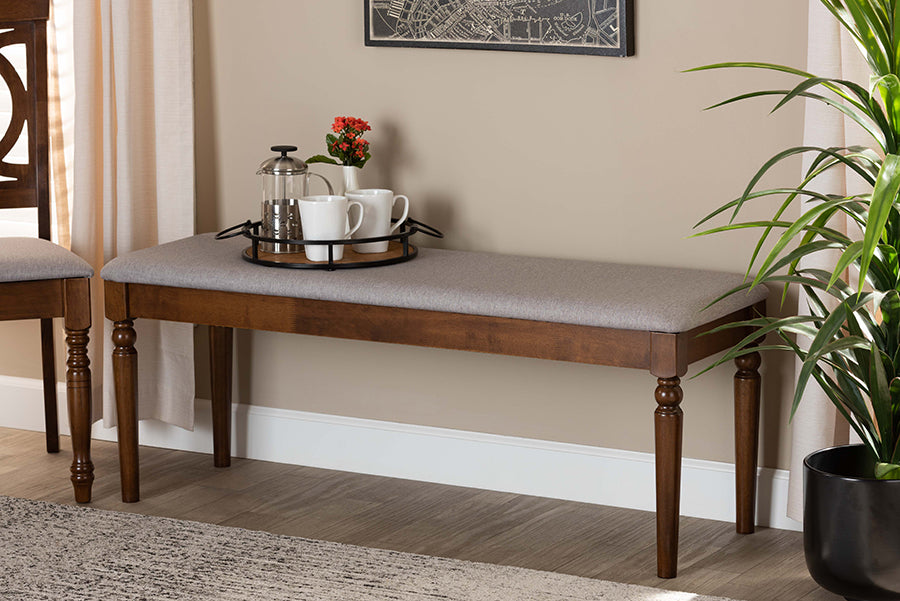 Baxton Studio Giovanni Modern and Contemporary Grey Fabric Upholstered and Walnut Brown Finished Wood Dining Bench | Modishstore | Stools & Benches