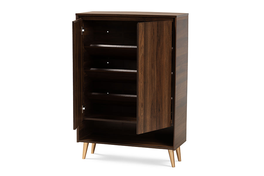 baxton studio landen mid century modern walnut brown and gold finished wood 2 door entryway shoe storage cabinet | Modish Furniture Store-3
