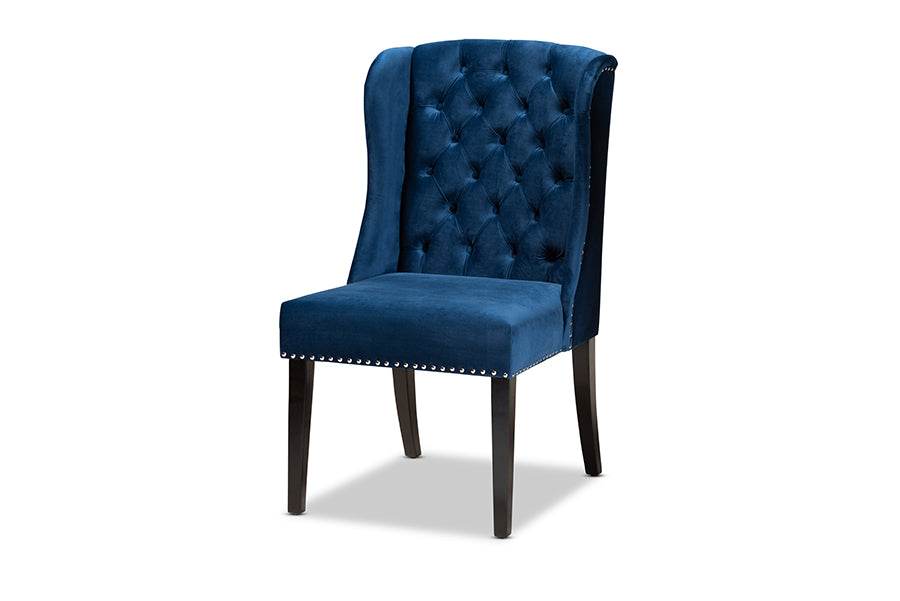 Baxton Studio Lamont Modern Contemporary Transitional Navy Blue Velvet Fabric Upholstered and Dark Brown Finished Wood Wingback Dining Chair | Modishstore | Dining Chairs - 4