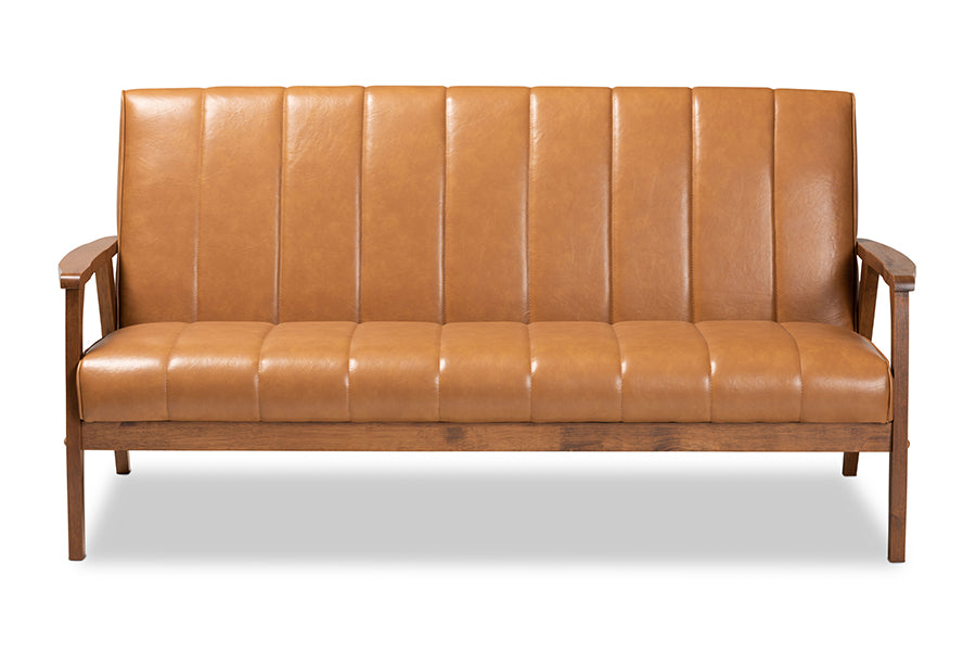 baxton studio nikko mid century modern tan faux leather upholstered and walnut brown finished wood sofa | Modish Furniture Store-3