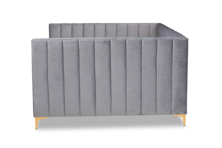 baxton studio oksana modern contemporary glam and luxe light grey velvet fabric upholstered and gold finished full size daybed | Modish Furniture Store-3