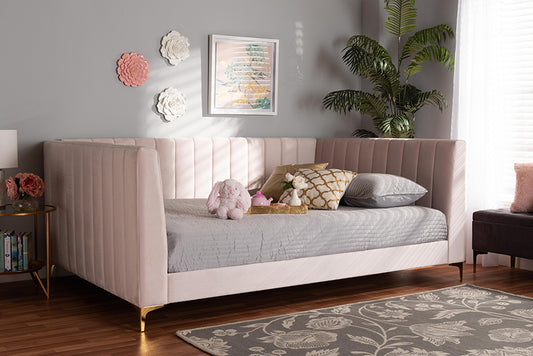 Baxton Studio Oksana Modern Contemporary Glam and Luxe Light Pink Velvet Fabric Upholstered and Gold Finished Full Size Daybed | Modishstore | Beds