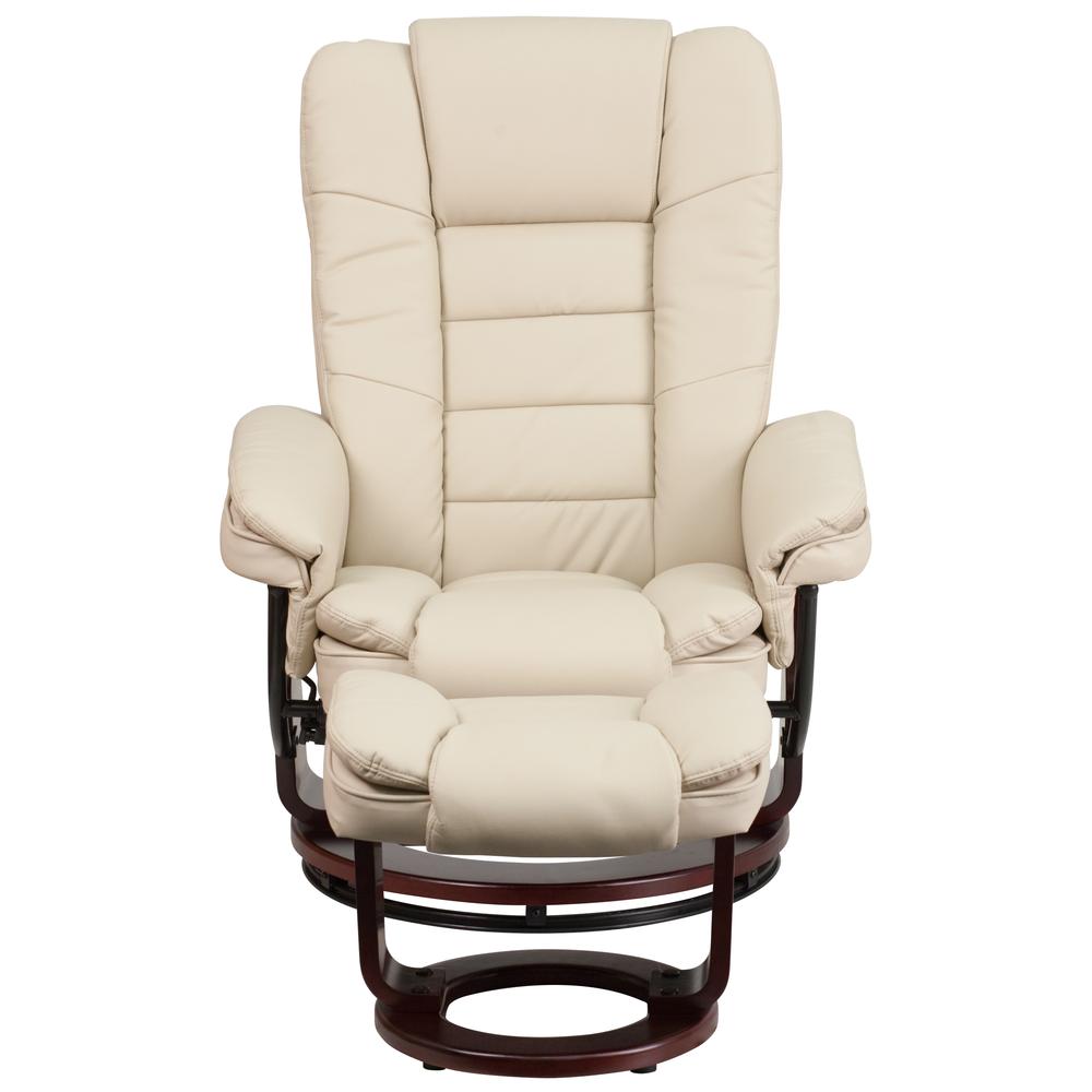 Contemporary Multi-Position Recliner With Horizontal Stitching And Ottoman With Swivel Mahogany Wood Base In Beige Leathersoft By Flash Furniture | Chairs & Recliners | Modishstore - 4