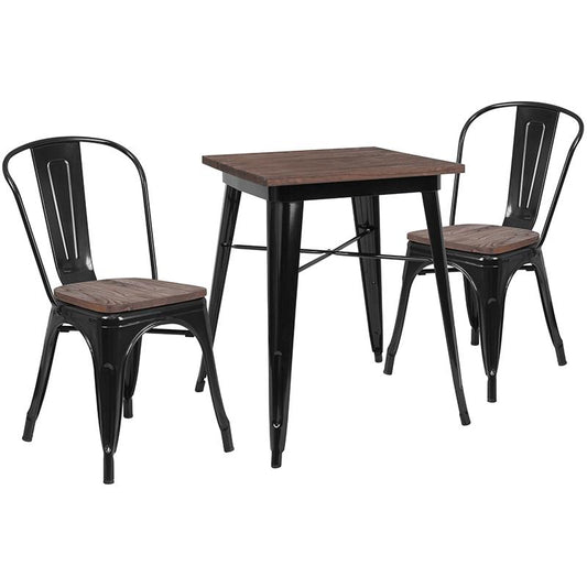 23.5" Square Black Metal Table Set With Wood Top And 2 Stack Chairs By Flash Furniture | Dining Sets | Modishstore