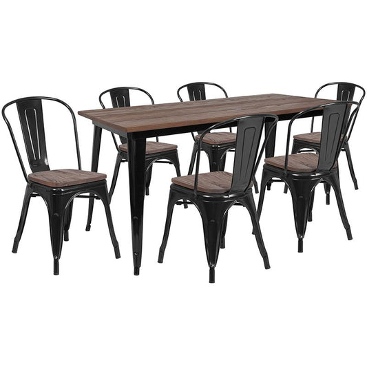 30.25" X 60" Black Metal Table Set With Wood Top And 6 Stack Chairs By Flash Furniture | Dining Sets | Modishstore