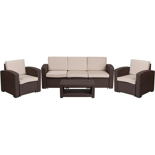 4 Piece Outdoor Faux Rattan Chair, Sofa And Table Set In Chocolate Brown By Flash Furniture | Sofas | Modishstore