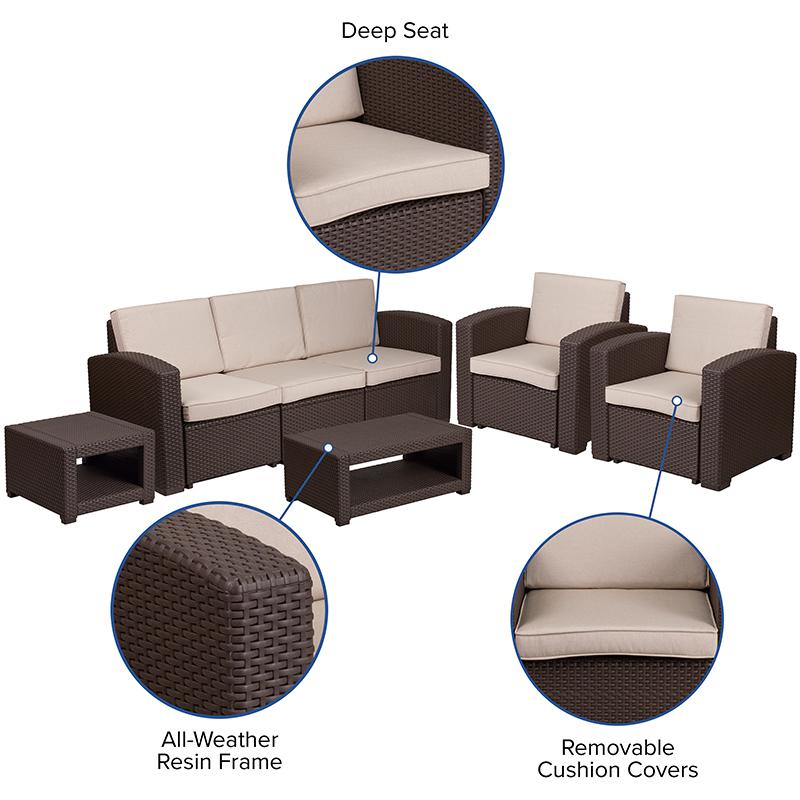 5 Piece Outdoor Faux Rattan Chair, Sofa And Table Set In Chocolate Brown By Flash Furniture | Outdoor Sofas, Loveseats & Sectionals | Modishstore - 4