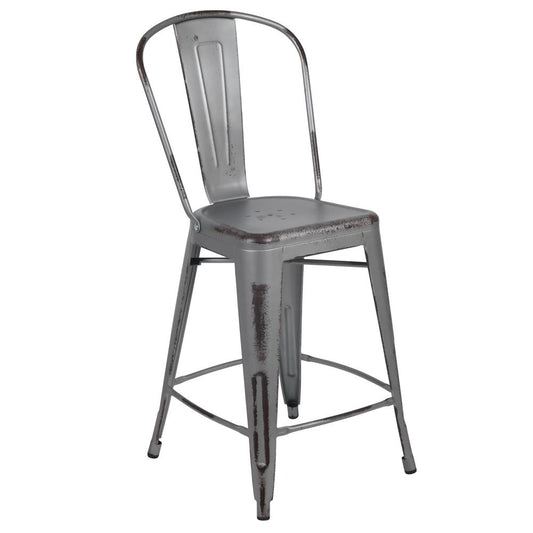 Commercial Grade 24" High Distressed Silver Gray Metal Indoor-Outdoor Counter Height Stool With Back By Flash Furniture | Bar Stools | Modishstore