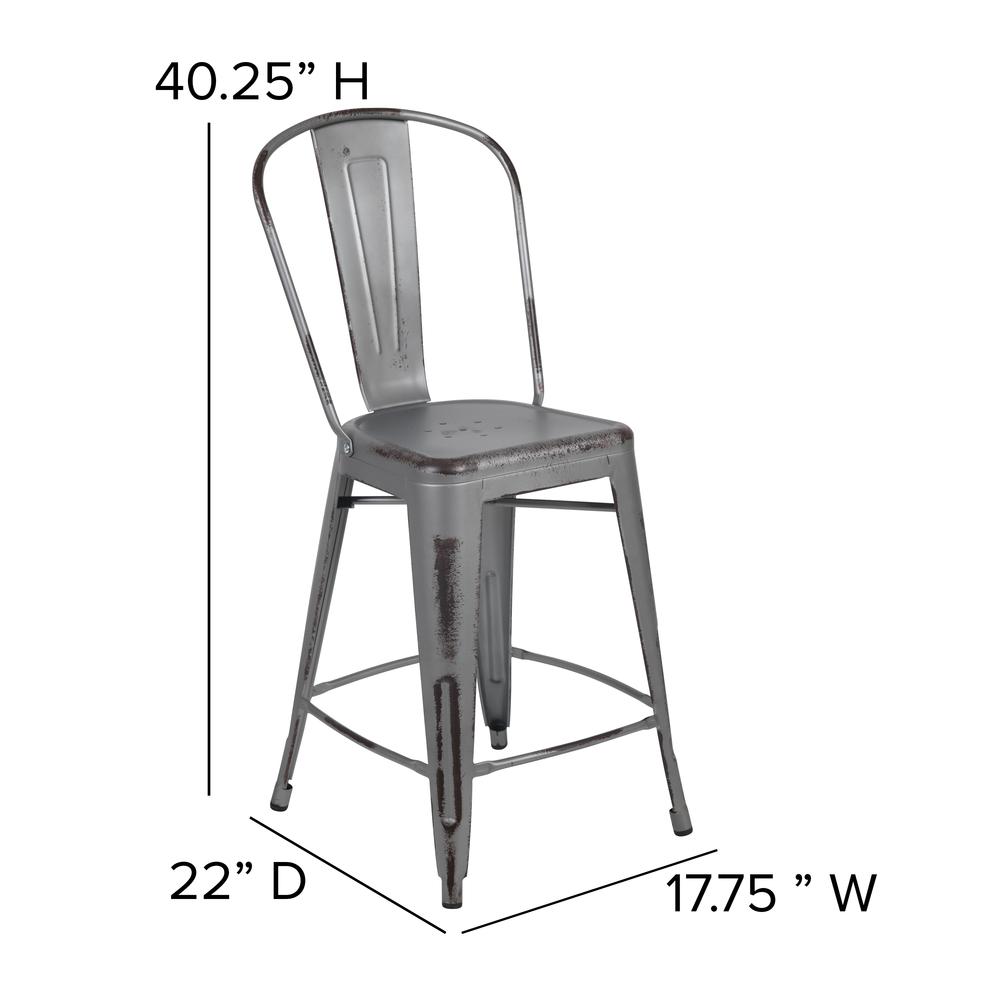 Commercial Grade 24" High Distressed Silver Gray Metal Indoor-Outdoor Counter Height Stool With Back By Flash Furniture | Bar Stools | Modishstore - 4
