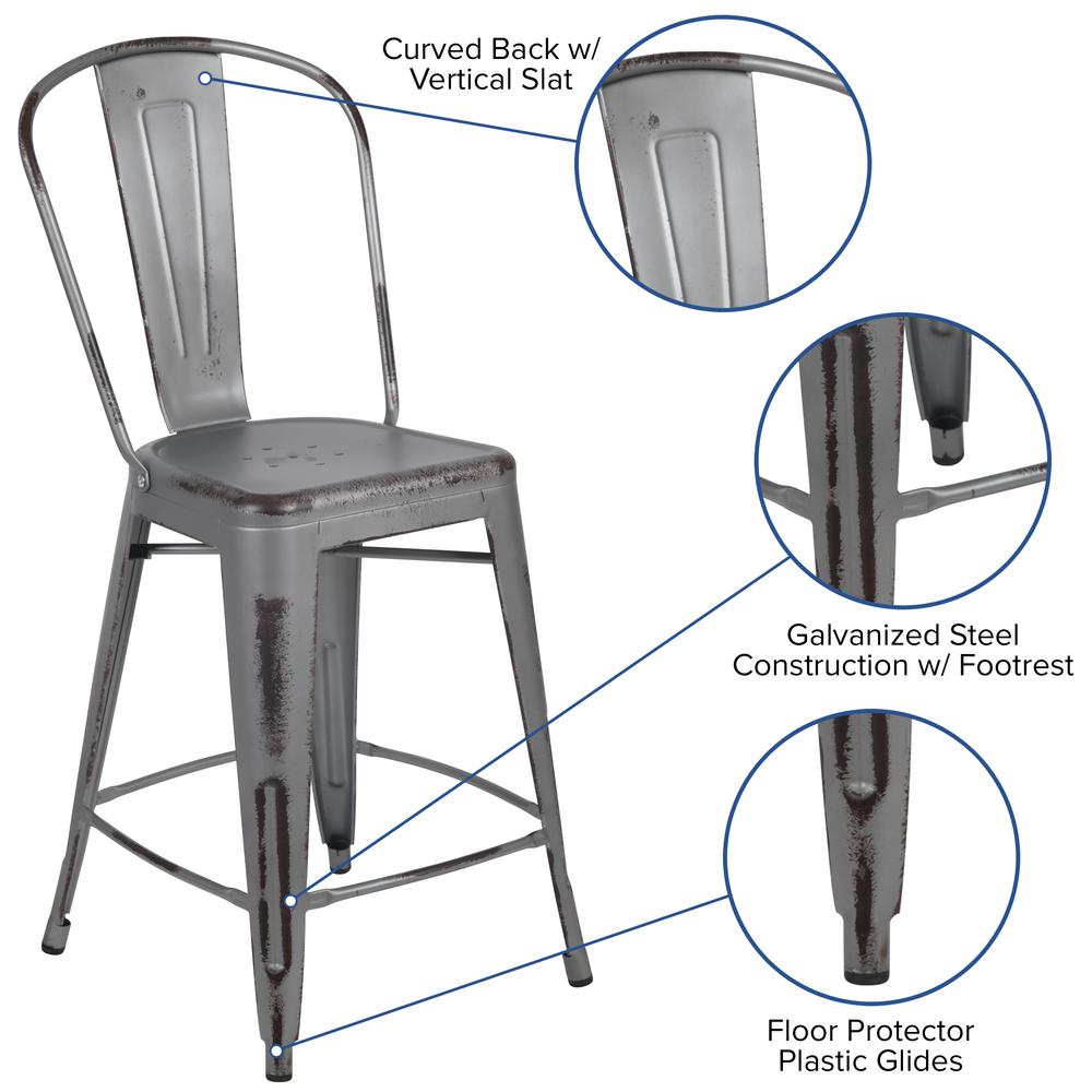 Commercial Grade 24" High Distressed Silver Gray Metal Indoor-Outdoor Counter Height Stool With Back By Flash Furniture | Bar Stools | Modishstore - 3