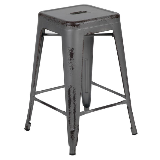 Commercial Grade 24" High Backless Distressed Silver Gray Metal Indoor-Outdoor Counter Height Stool By Flash Furniture | Bar Stools | Modishstore