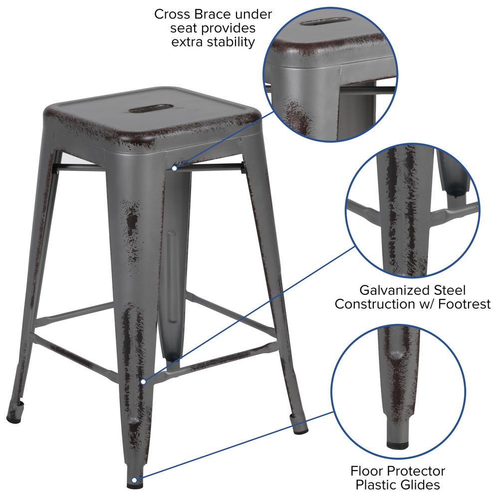 Commercial Grade 24" High Backless Distressed Silver Gray Metal Indoor-Outdoor Counter Height Stool By Flash Furniture | Bar Stools | Modishstore - 3