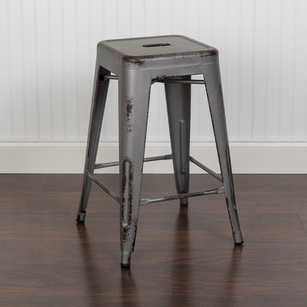 Commercial Grade 24" High Backless Distressed Silver Gray Metal Indoor-Outdoor Counter Height Stool By Flash Furniture | Bar Stools | Modishstore - 2